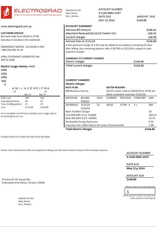Ukraine Elektrograd electricity business utility bill template in Word and PDF formats